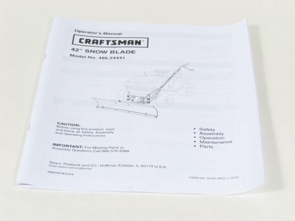 Lawn Tractor Snow Blade Attachment Owner's Manual 49795