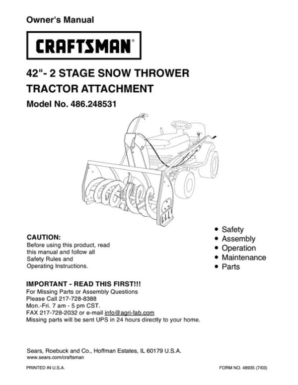 Lawn Tractor Snowblower Attachment Owner's Manual 48935